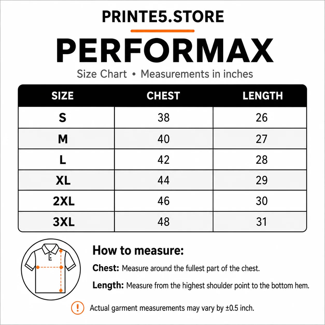 Custom Active Wear Polo T-Shirts with Company Logo size guide