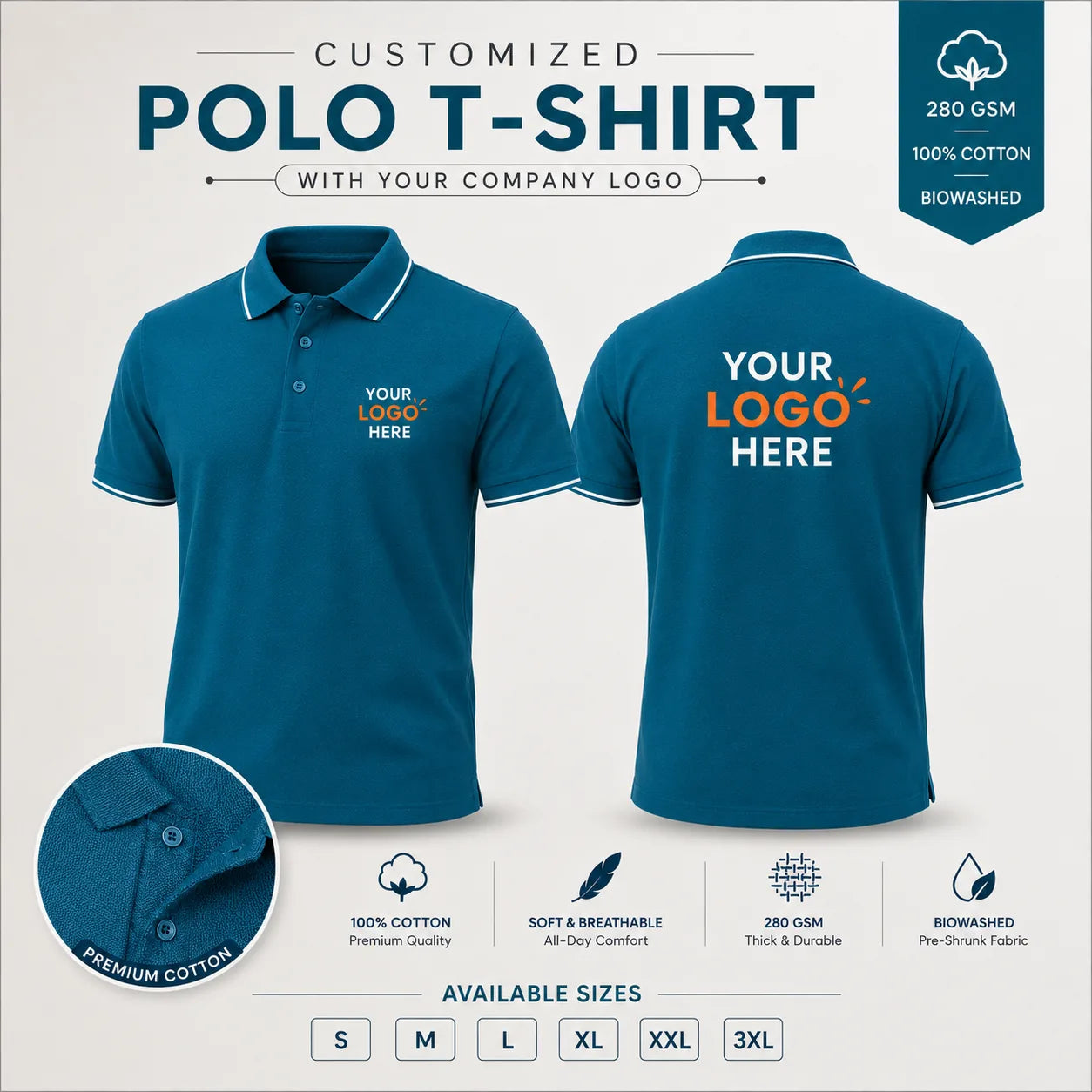 Teal custom premium cotton polo T-shirt with company logo, front and back product view