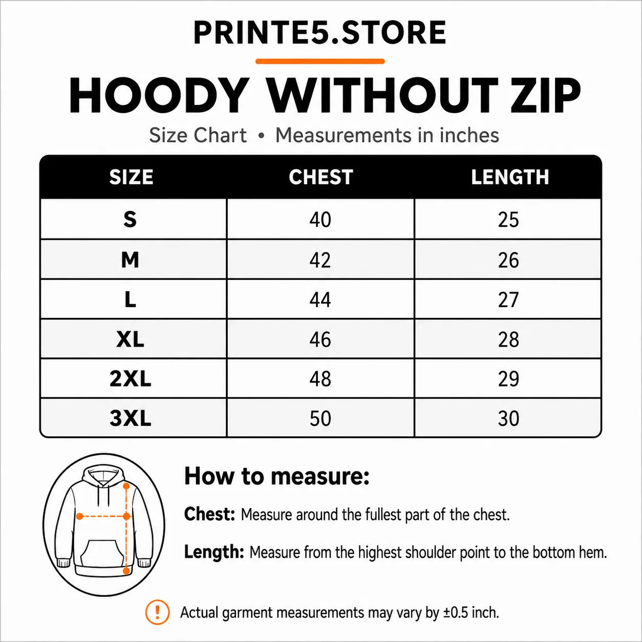 Custom 300 GSM Pullover Hoodies with Company Logo size guide