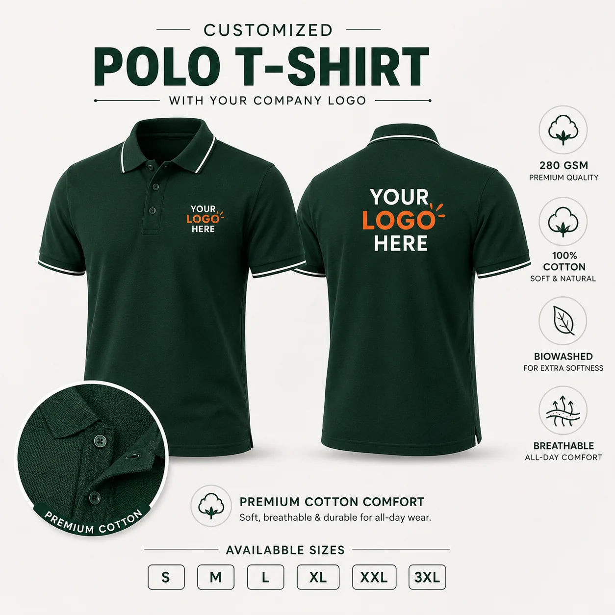 Bottle Green custom premium cotton polo T-shirt with company logo, front and back product view