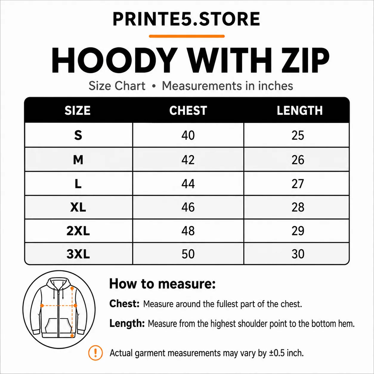 Custom 300 GSM Zip Hoodies with Company Logo size guide