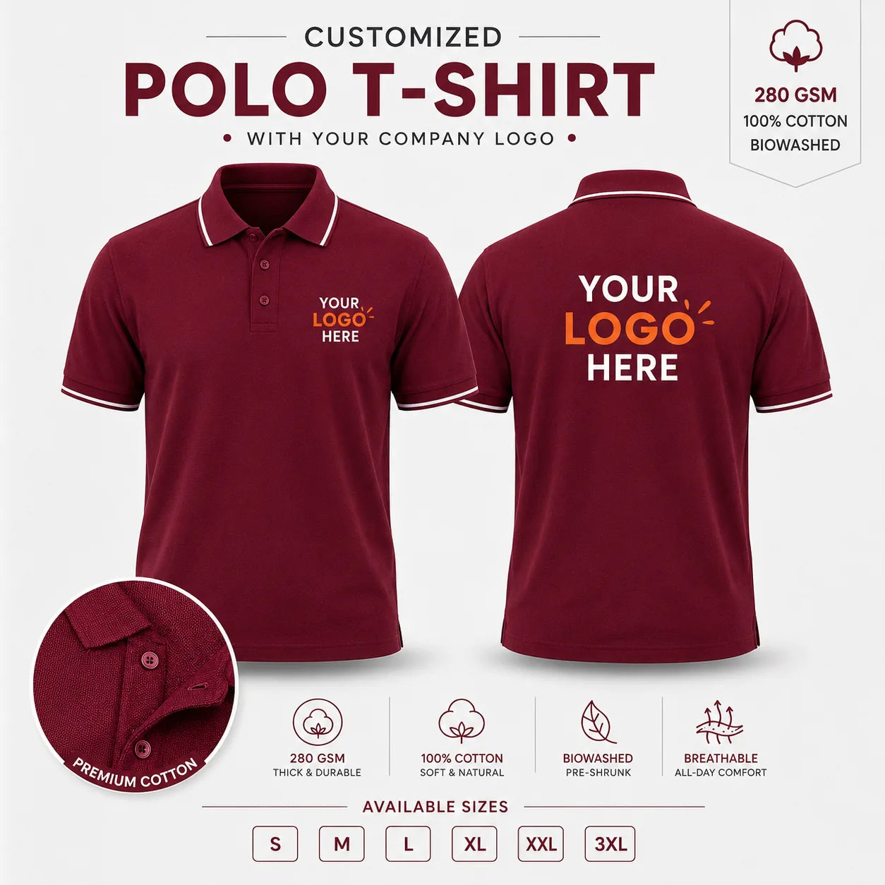 Maroon custom premium cotton polo T-shirt with company logo, front and back product view