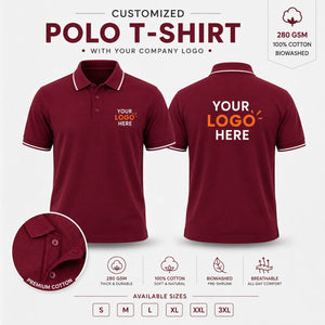 Maroon custom premium cotton polo T-shirt with company logo, front and back product view