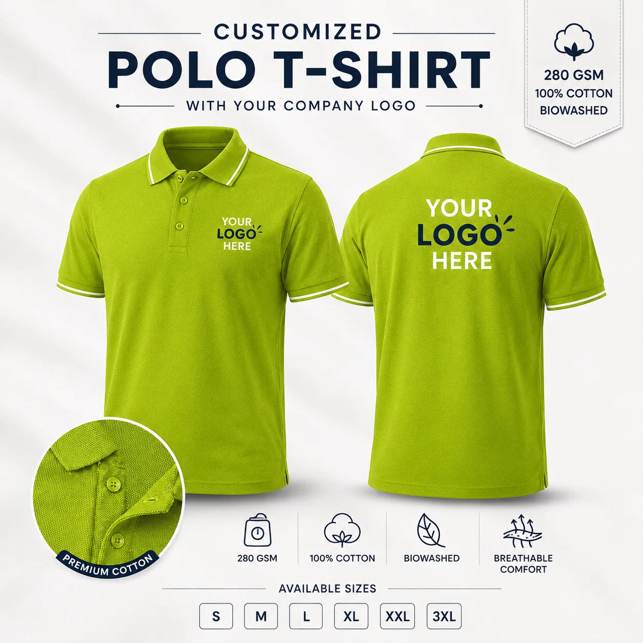 Lime Green custom premium cotton polo T-shirt with company logo, front and back product view