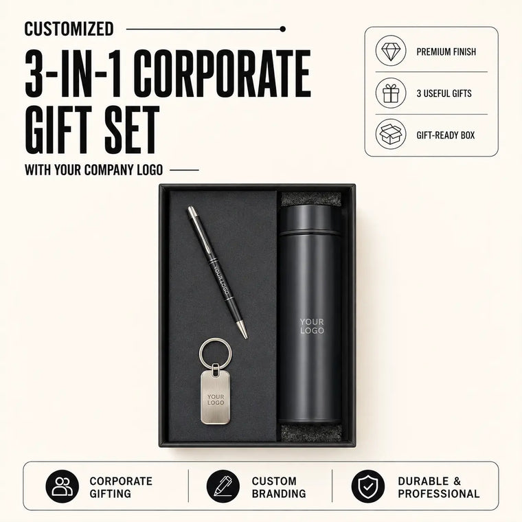 Customized 3-in-1 Corporate Gift Set With Bottle, Pen & Keychain