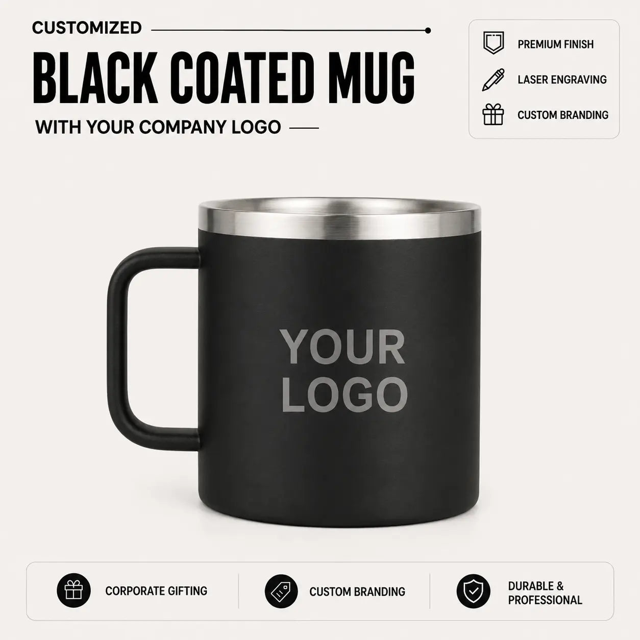 Customized black coated stainless steel mug with company logo laser engraving