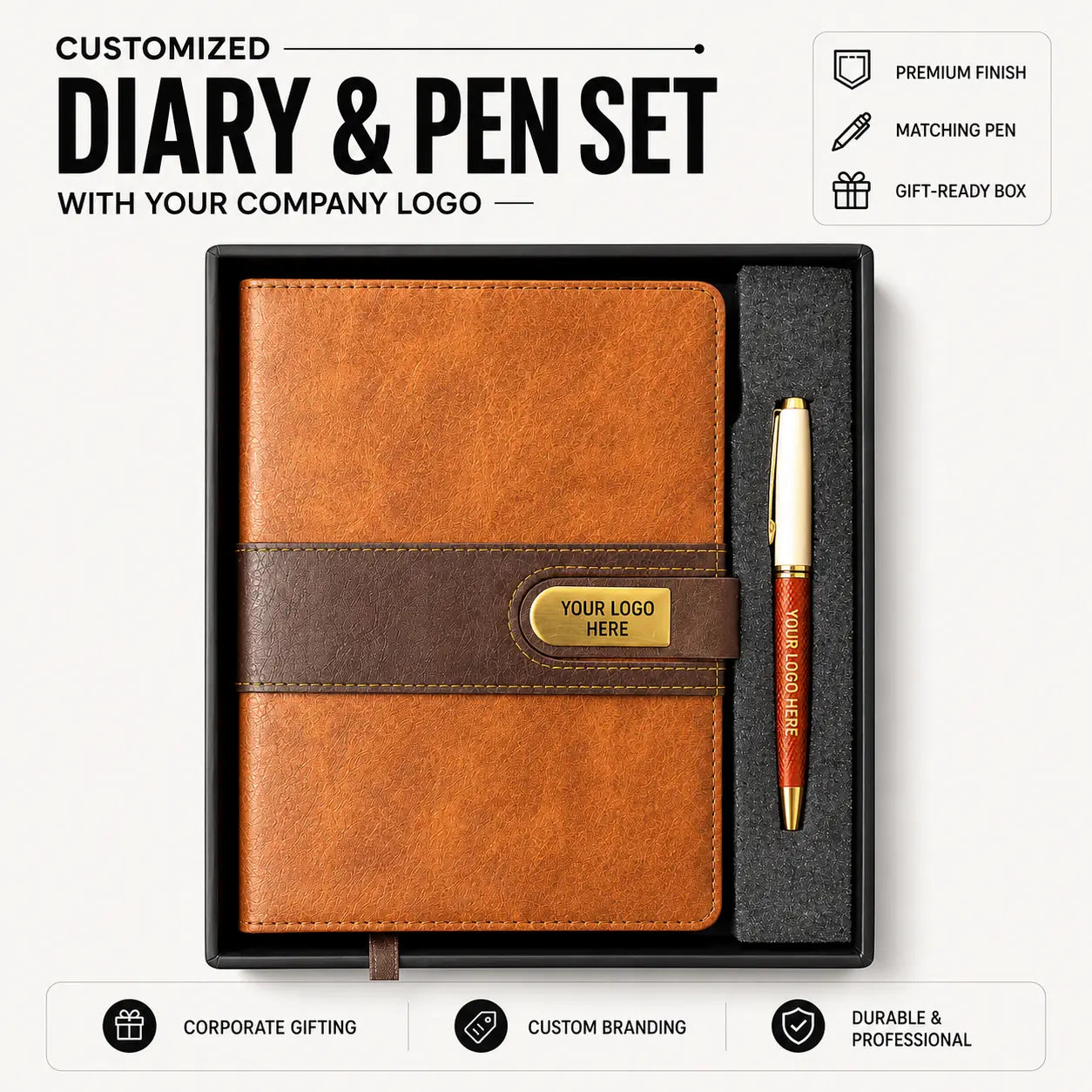 Customized brown diary and matching pen gift set with company logo engraving