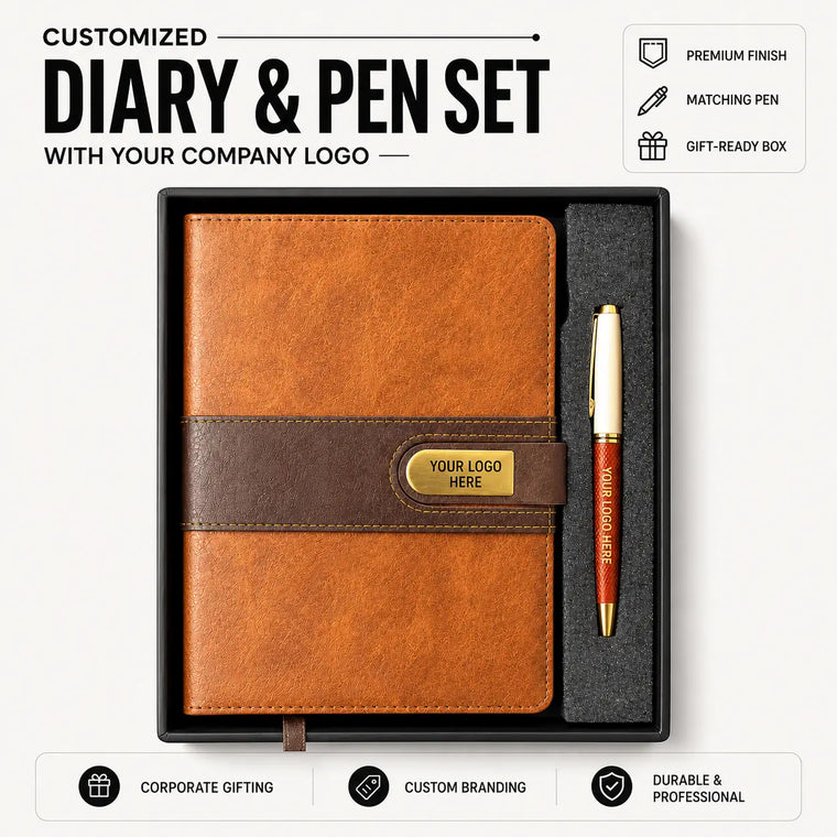 Customized Brown Diary & Pen Gift Set with Company Logo