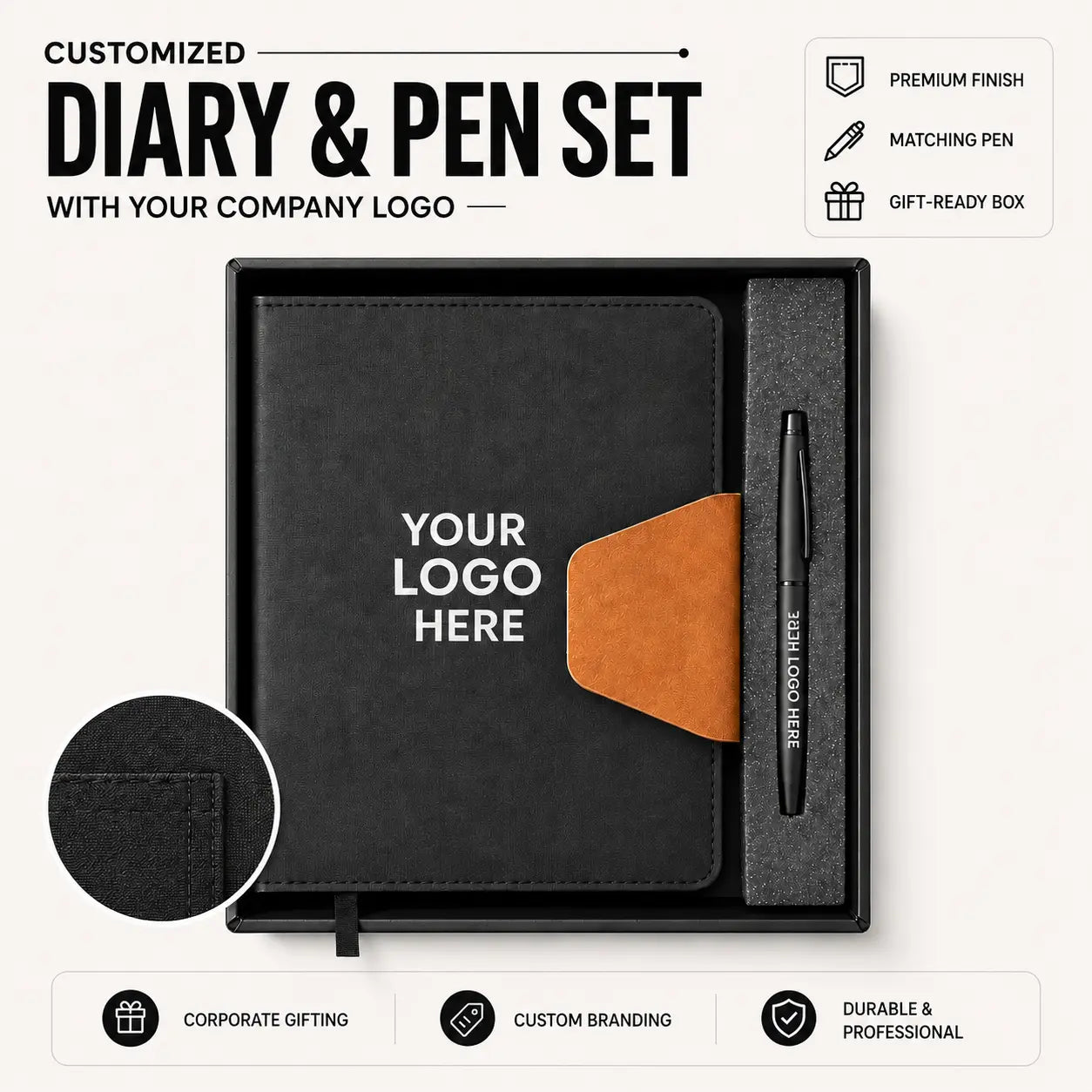 Customized black diary and pen gift set with company logo branding