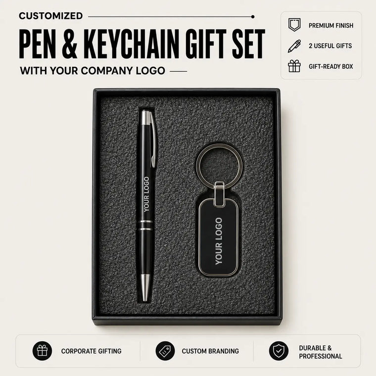 Customized Pen & Metal Keychain Gift Set With Logo