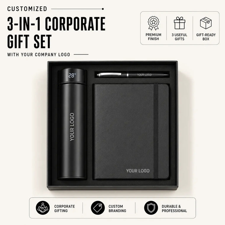 Customized Temperature Bottle, A5 Diary & Pen Gift Set With Logo