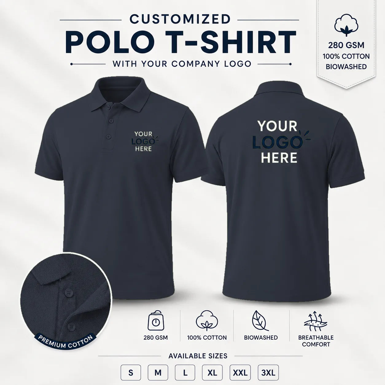 Charcoal custom micro dryfit polo t-shirt with tipping - 190-200 gsm showing front and back logo placement