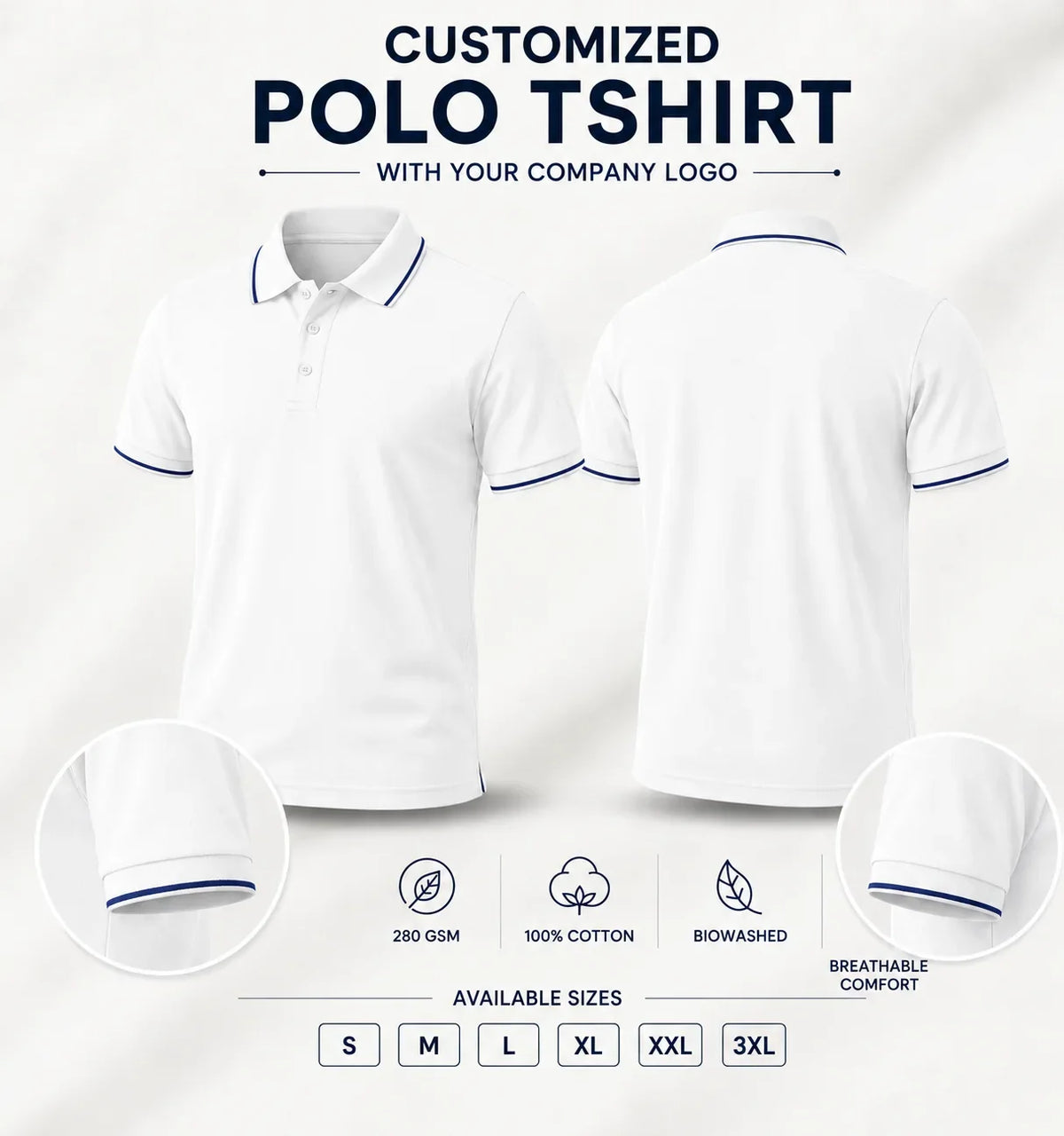 White - Blue Border custom premium cotton polo T-shirt, front and back product view