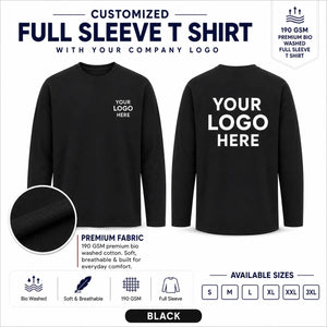 Black custom 190 GSM bio-washed full sleeve cotton T-shirt for corporate logo printing