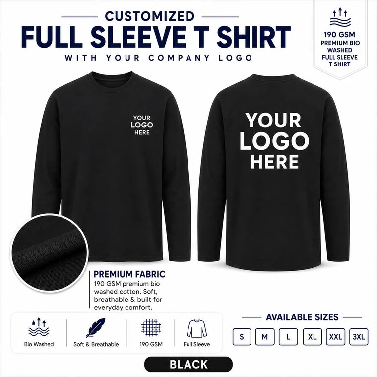 Custom 190 GSM Bio-Washed Full Sleeve Cotton T-Shirt