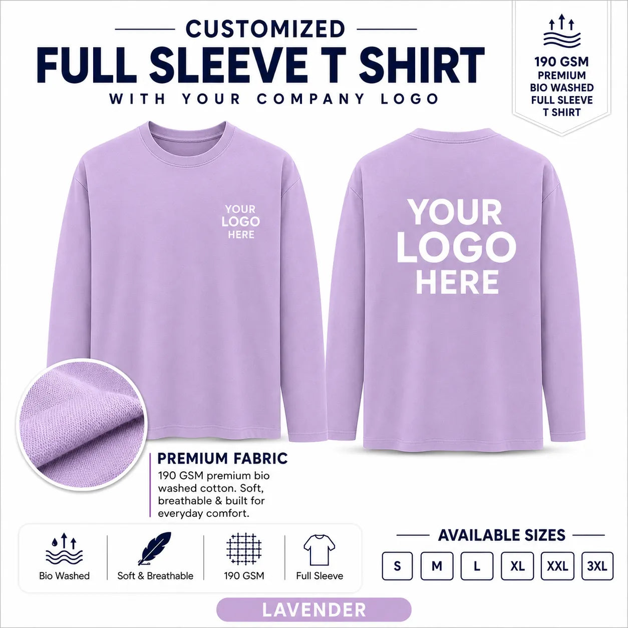 Lavender custom 190 GSM bio-washed full sleeve cotton T-shirt for corporate logo printing
