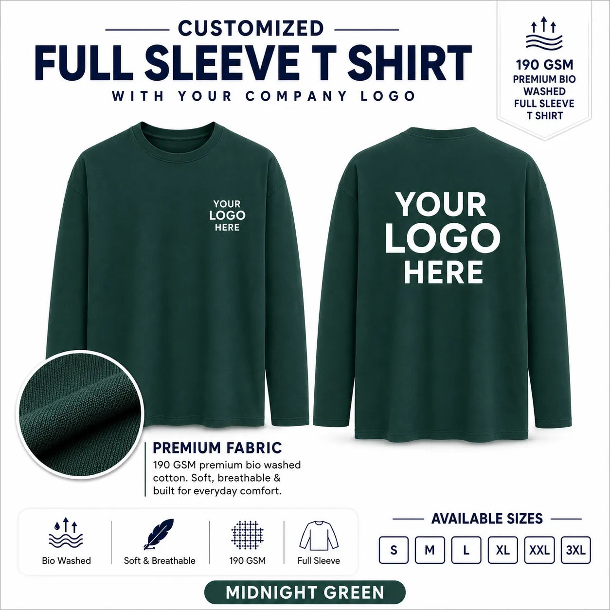 Midnight Green custom 190 GSM bio-washed full sleeve cotton T-shirt for corporate logo printing