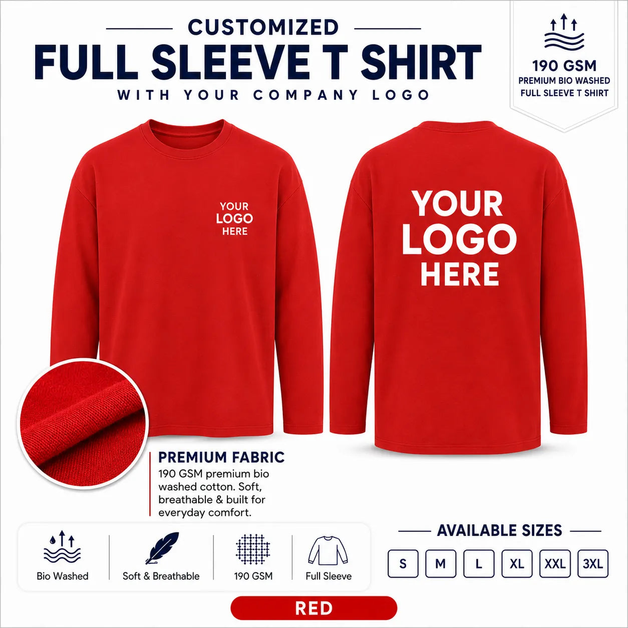Red custom 190 GSM bio-washed full sleeve cotton T-shirt for corporate logo printing