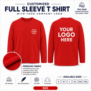 Red custom 190 GSM bio-washed full sleeve cotton T-shirt for corporate logo printing
