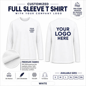 White custom 190 GSM bio-washed full sleeve cotton T-shirt for corporate logo printing