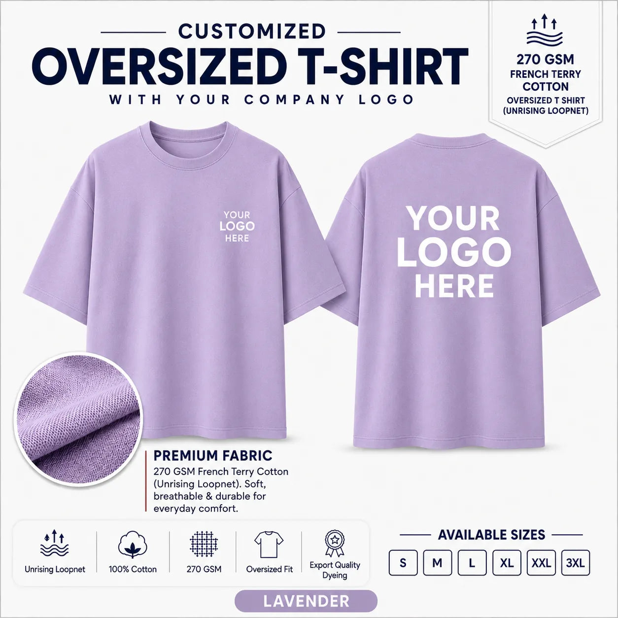 Lavender custom 270 GSM French Terry oversized T-shirt for company logo printing