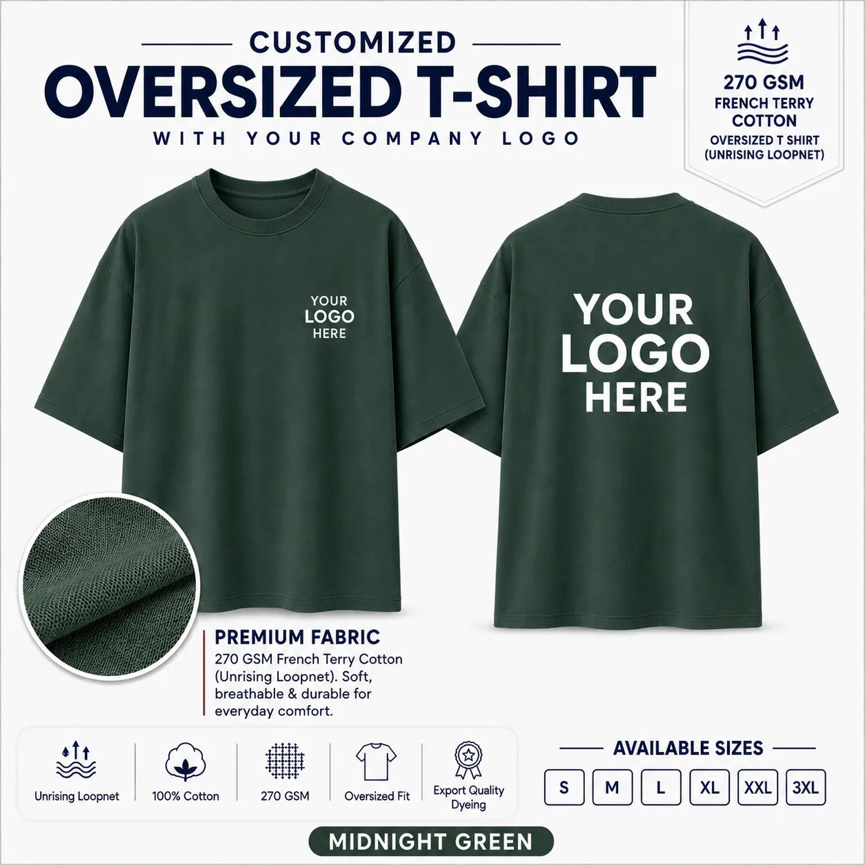 Midnight Green custom 270 GSM French Terry oversized T-shirt for company logo printing