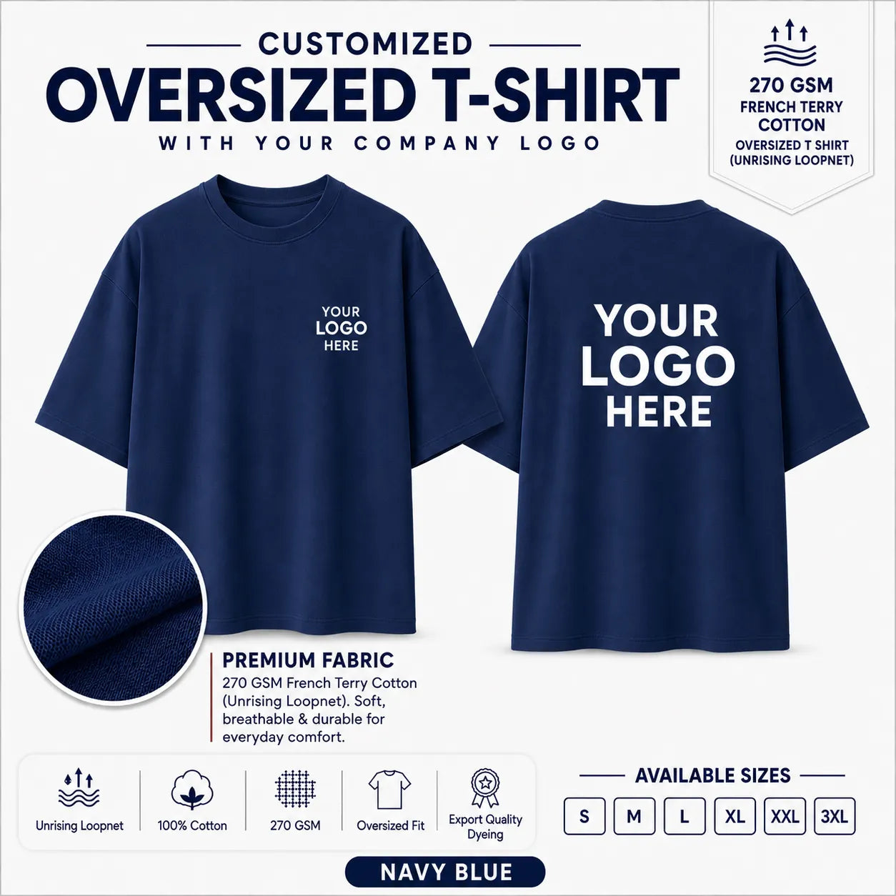 Navy Blue custom 270 GSM French Terry oversized T-shirt for company logo printing
