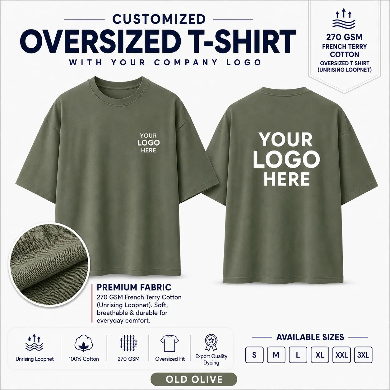 Old Olive custom 270 GSM French Terry oversized T-shirt for company logo printing