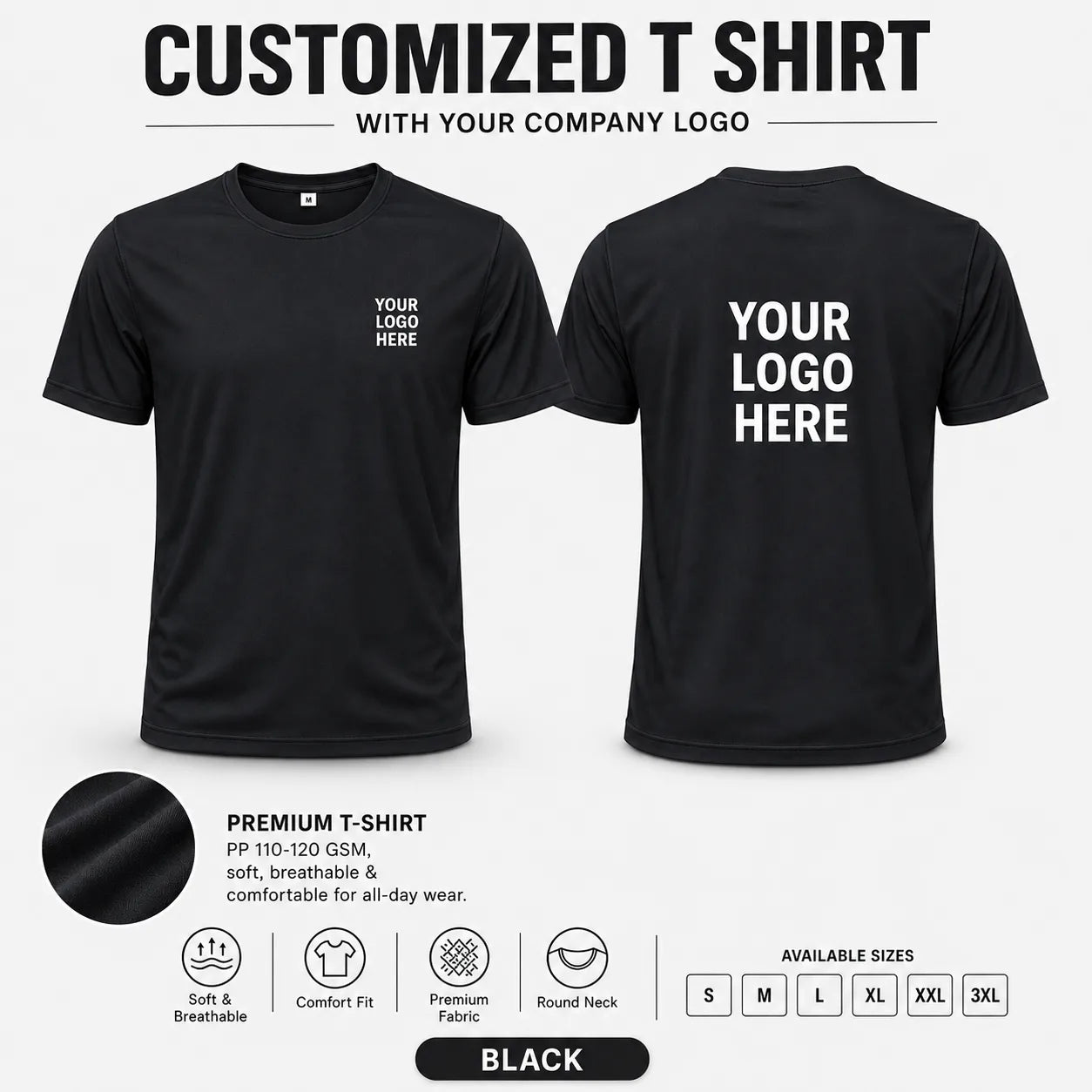 Black custom pp round neck t-shirt - 110-120 gsm showing front and back logo placement