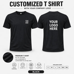 Black custom pp round neck t-shirt - 110-120 gsm showing front and back logo placement