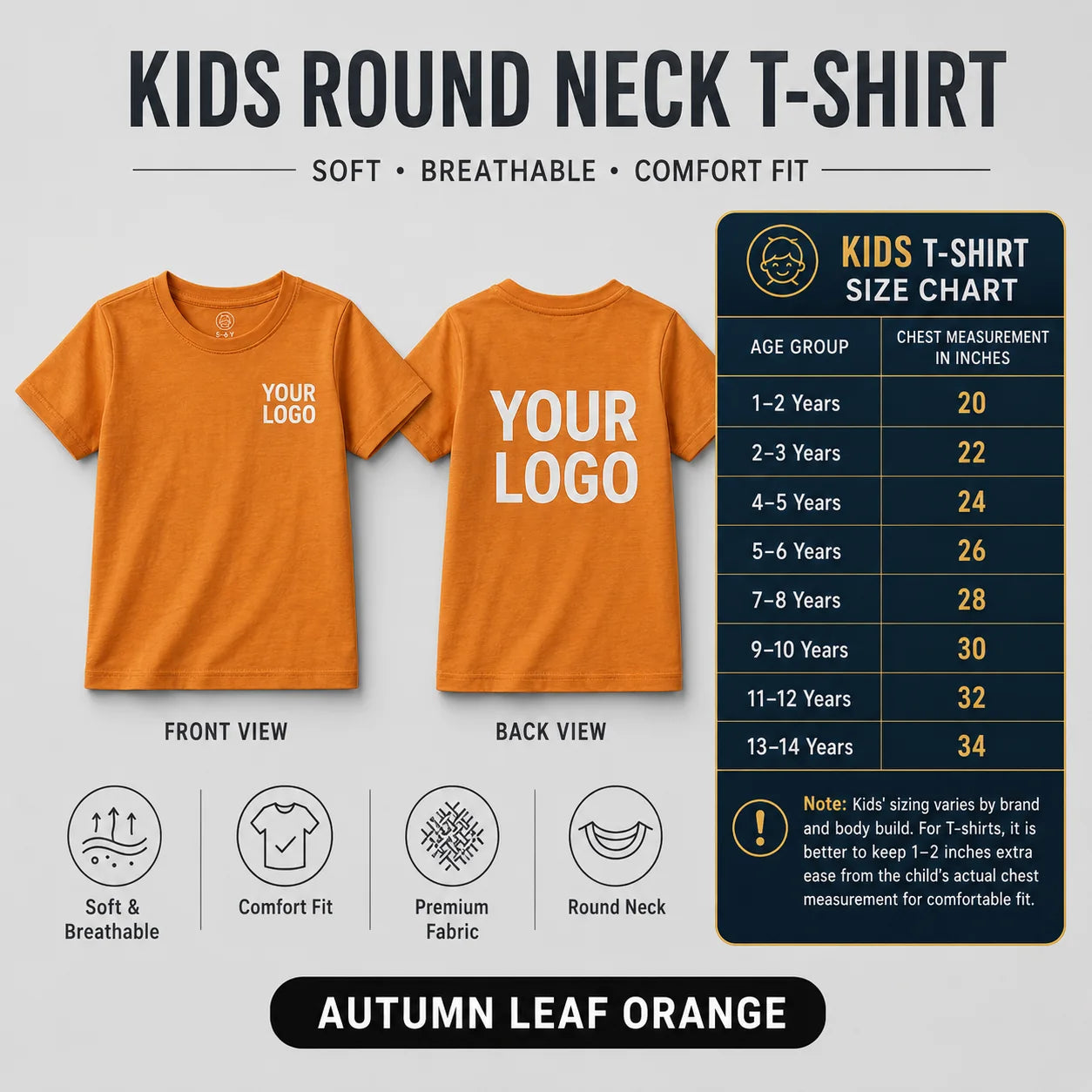 Kids round neck custom T-shirt in Autumn Leaf Orange