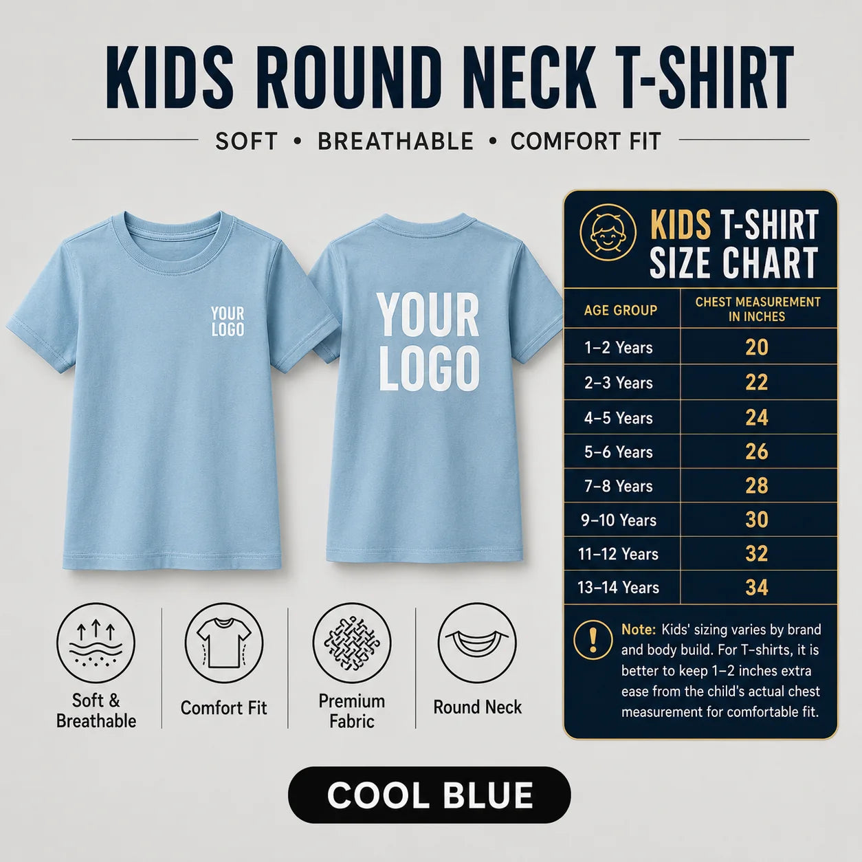 Kids round neck custom T-shirt in Cool Blue