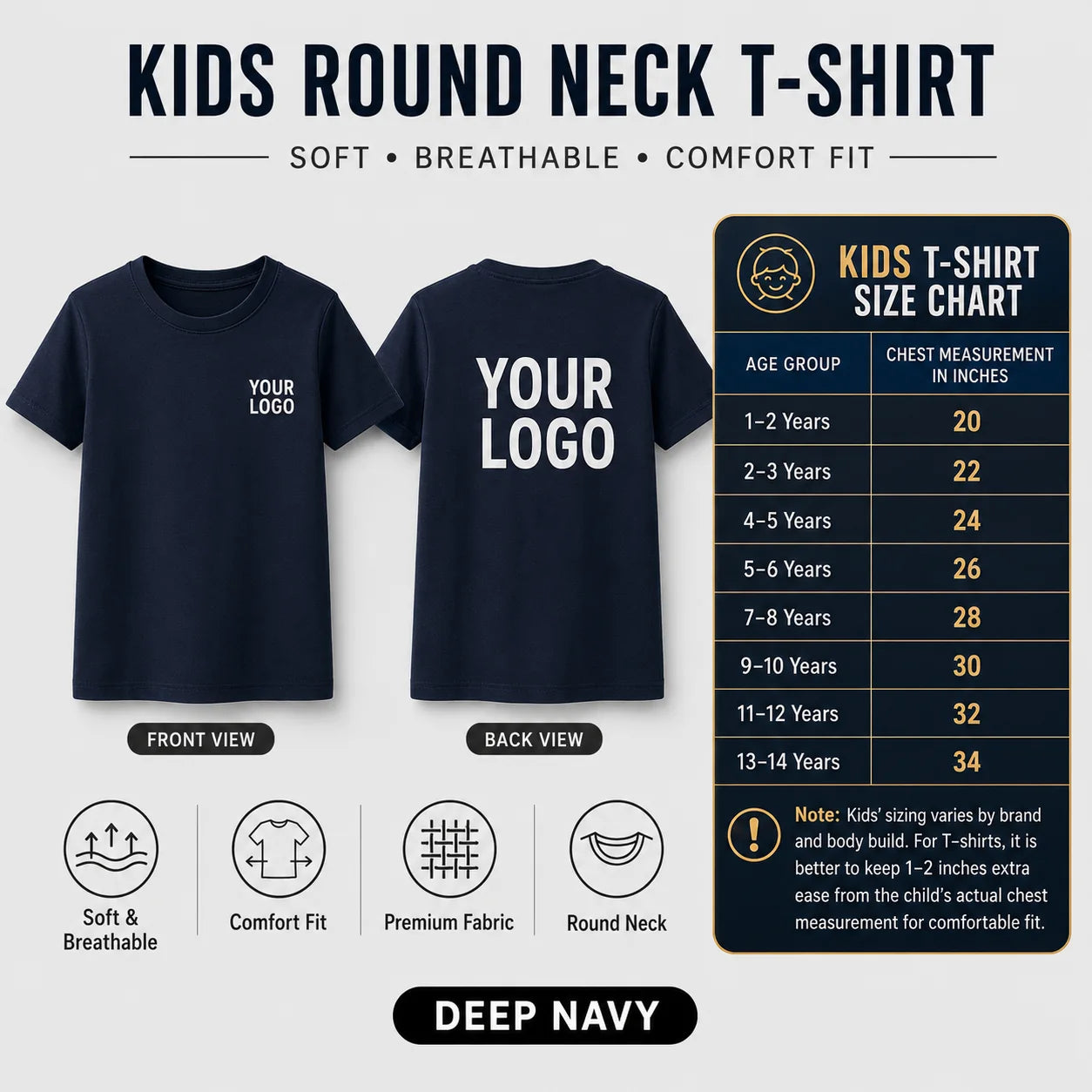 Kids round neck custom T-shirt in Deep Navy