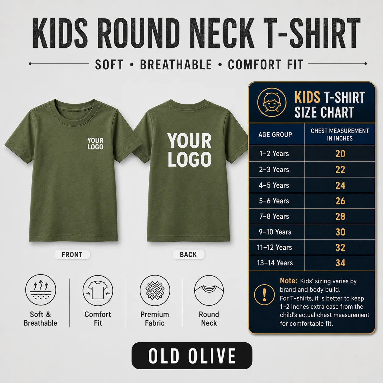 Kids round neck custom T-shirt in Old Olive