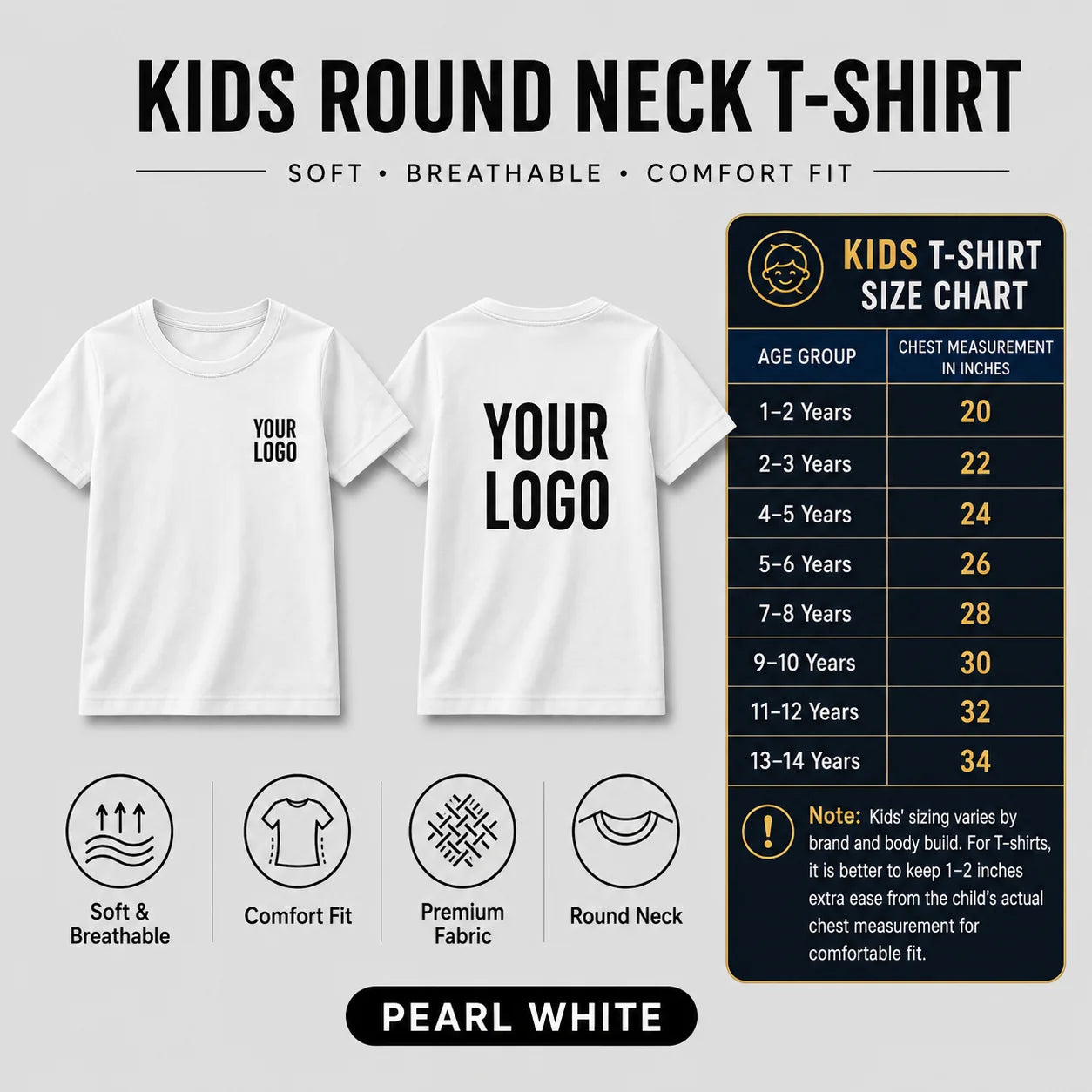 Kids round neck custom T-shirt in Pearl White