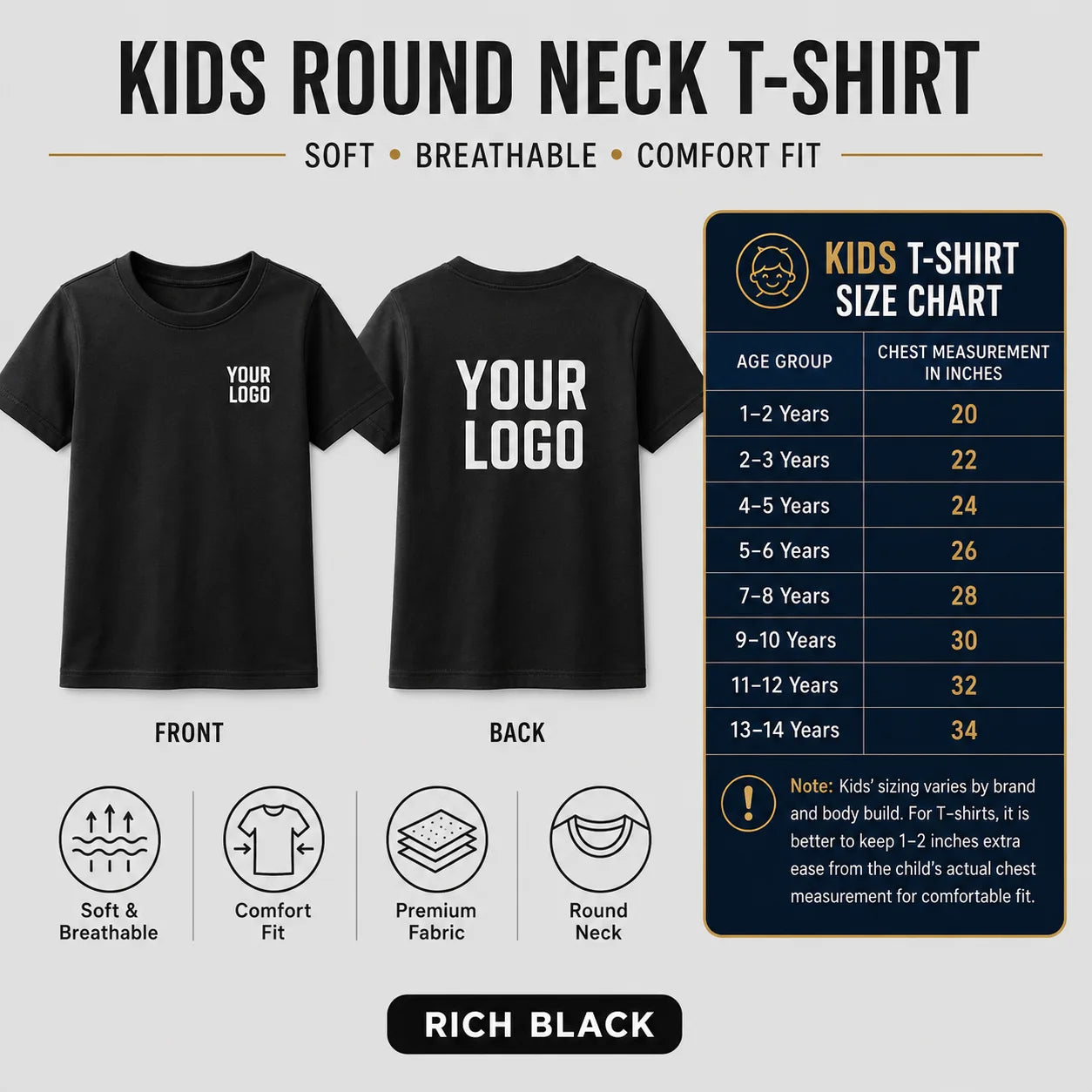 Kids round neck custom T-shirt in Rich Black