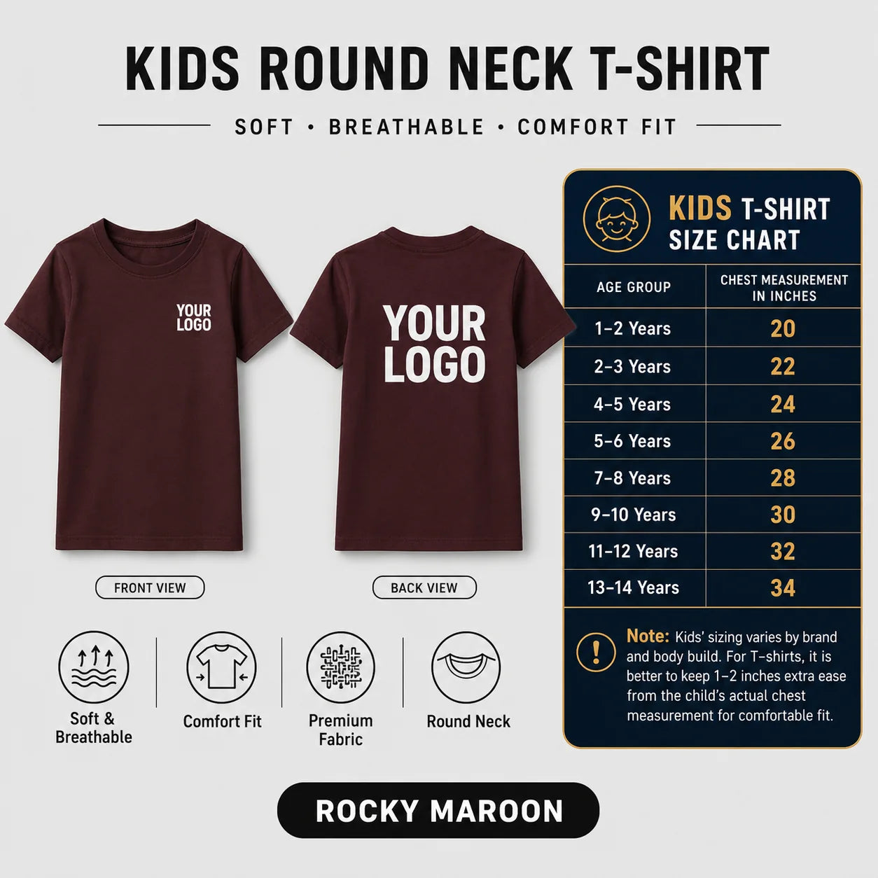 Kids round neck custom T-shirt in Rocky Maroon