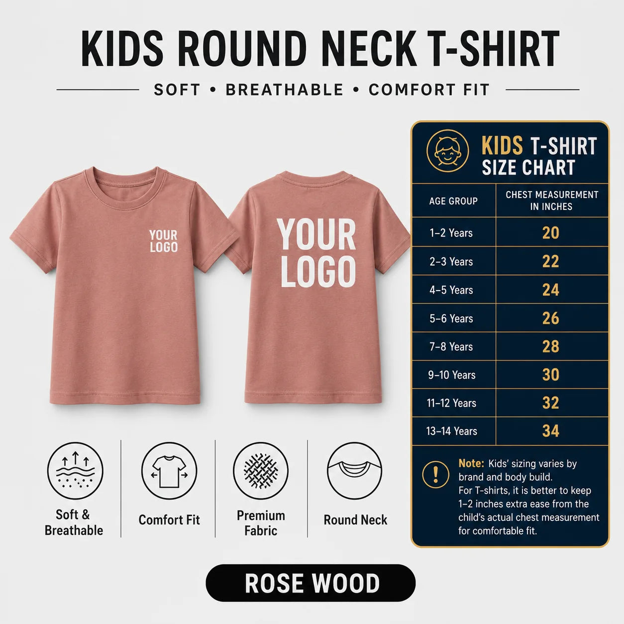 Kids round neck custom T-shirt in Rose Wood