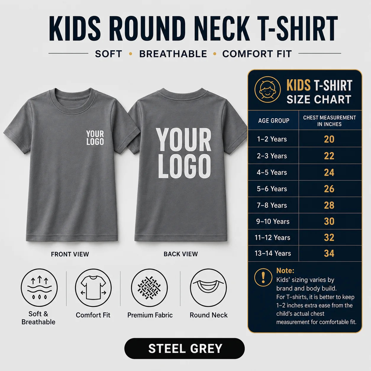 Kids round neck custom T-shirt in Steel Grey