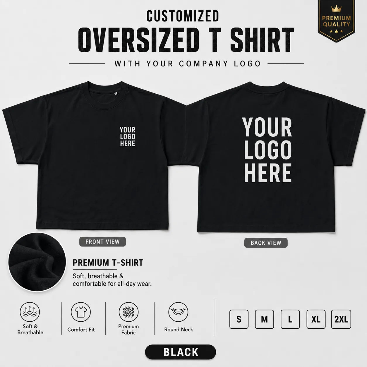 Black custom premium oversized t-shirt showing front and back logo placement