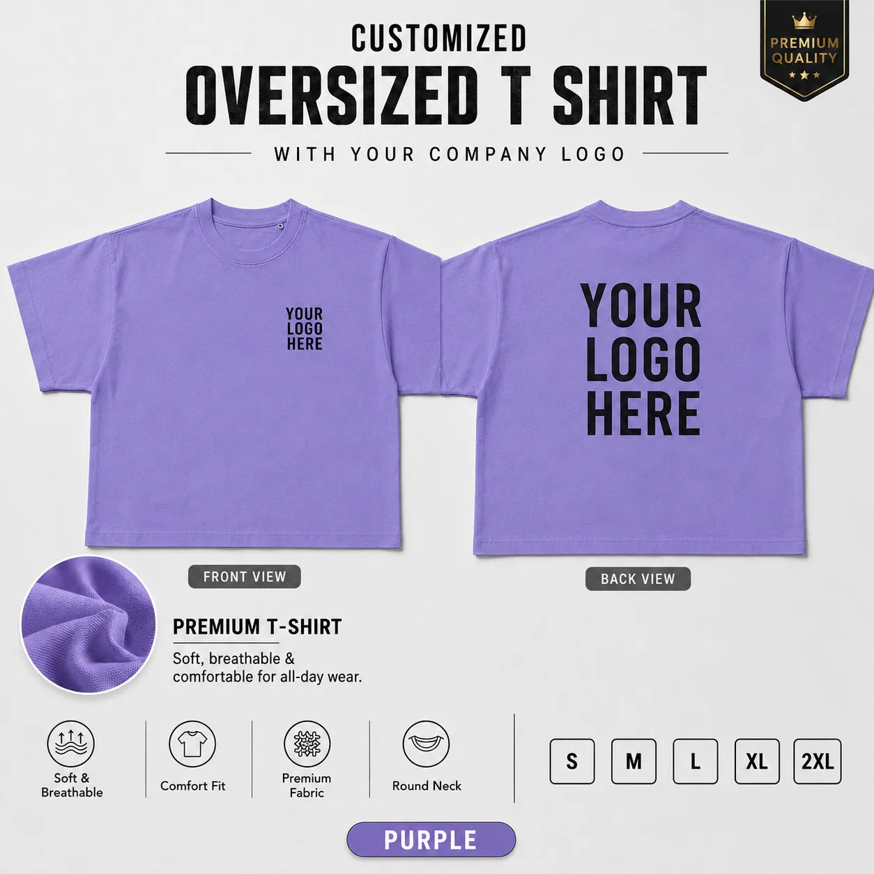 Purple custom premium oversized t-shirt showing front and back logo placement