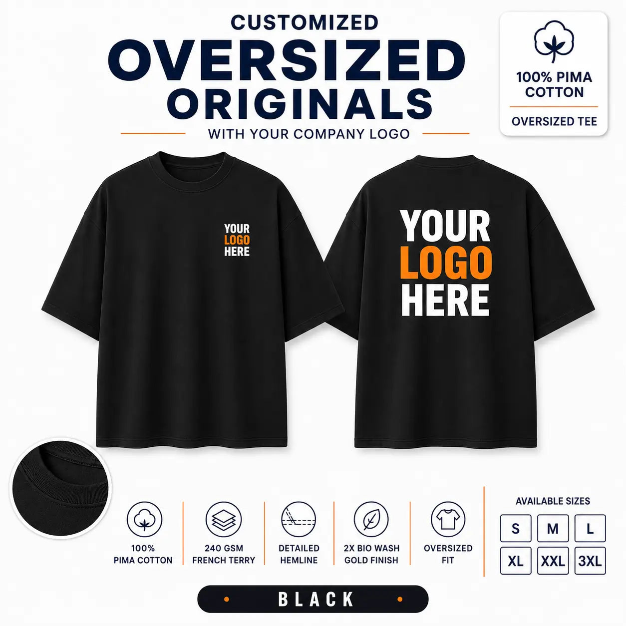 Custom Premium Pima Cotton Oversized T-Shirt – 240 GSM - Black