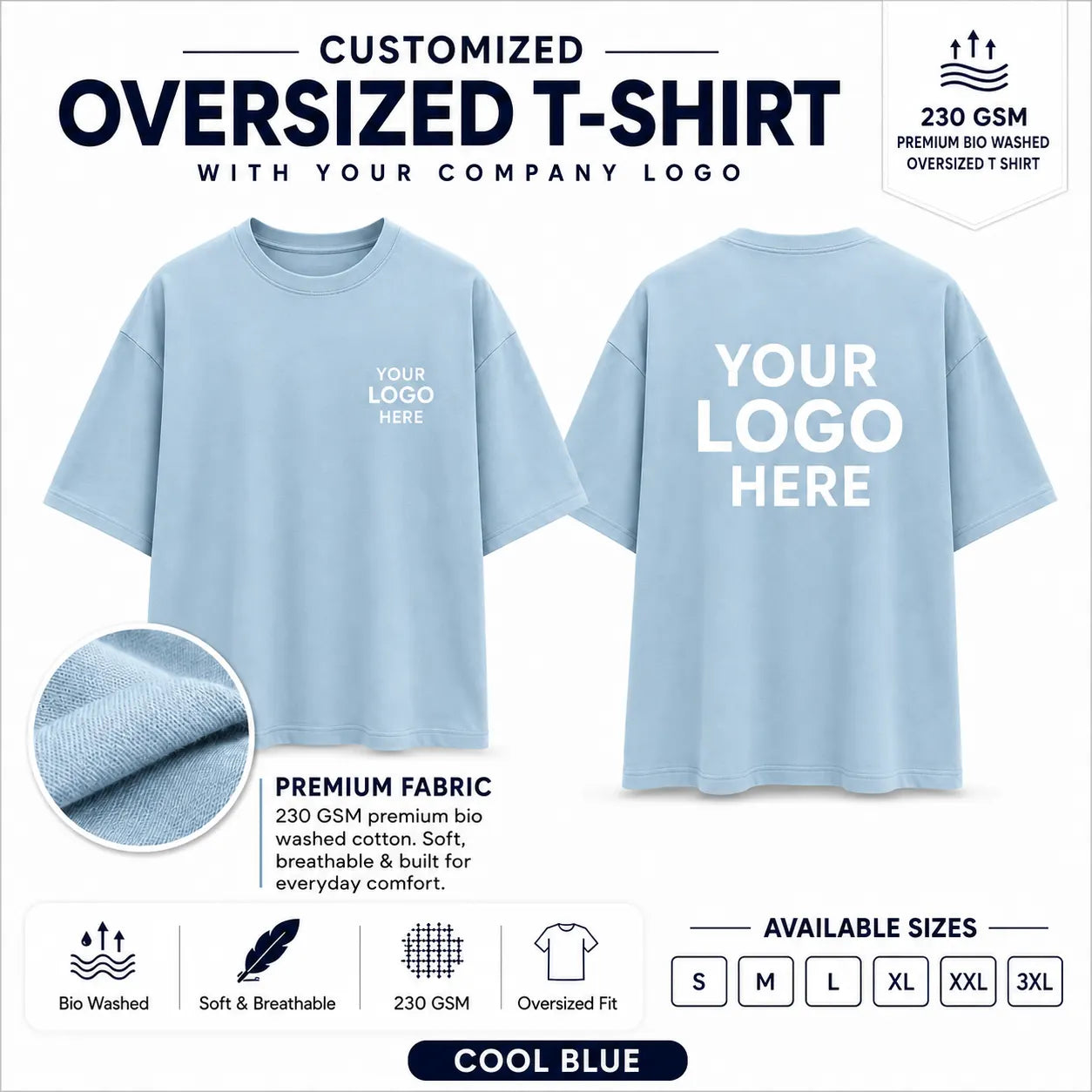 Cool Blue 230 GSM custom oversized T-shirt with front and back company logo placement