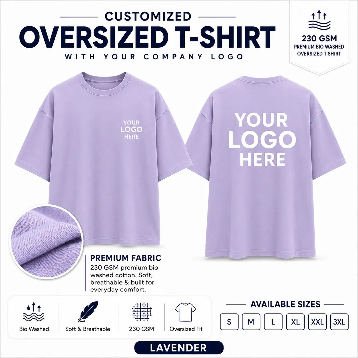 Lavender 230 GSM custom oversized T-shirt with front and back company logo placement
