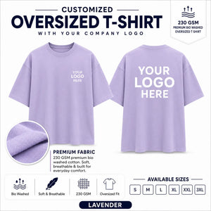 Lavender 230 GSM custom oversized T-shirt with front and back company logo placement