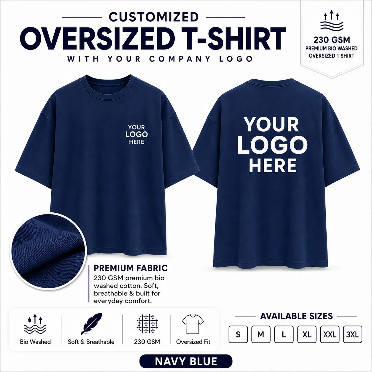 Navy Blue 230 GSM custom oversized T-shirt with front and back company logo placement