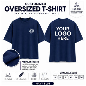 Navy Blue 230 GSM custom oversized T-shirt with front and back company logo placement