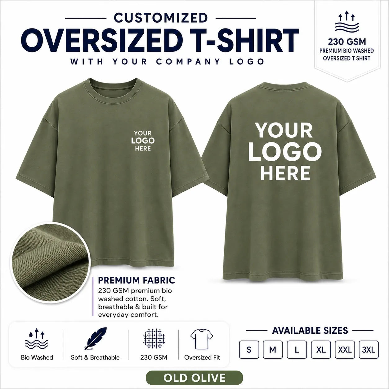 Old Olive 230 GSM custom oversized T-shirt with front and back company logo placement