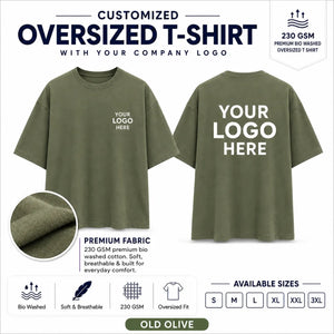 Old Olive 230 GSM custom oversized T-shirt with front and back company logo placement