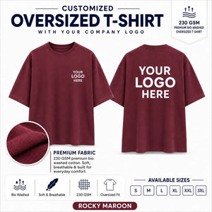 Rocky Maroon 230 GSM custom oversized T-shirt with front and back company logo placement